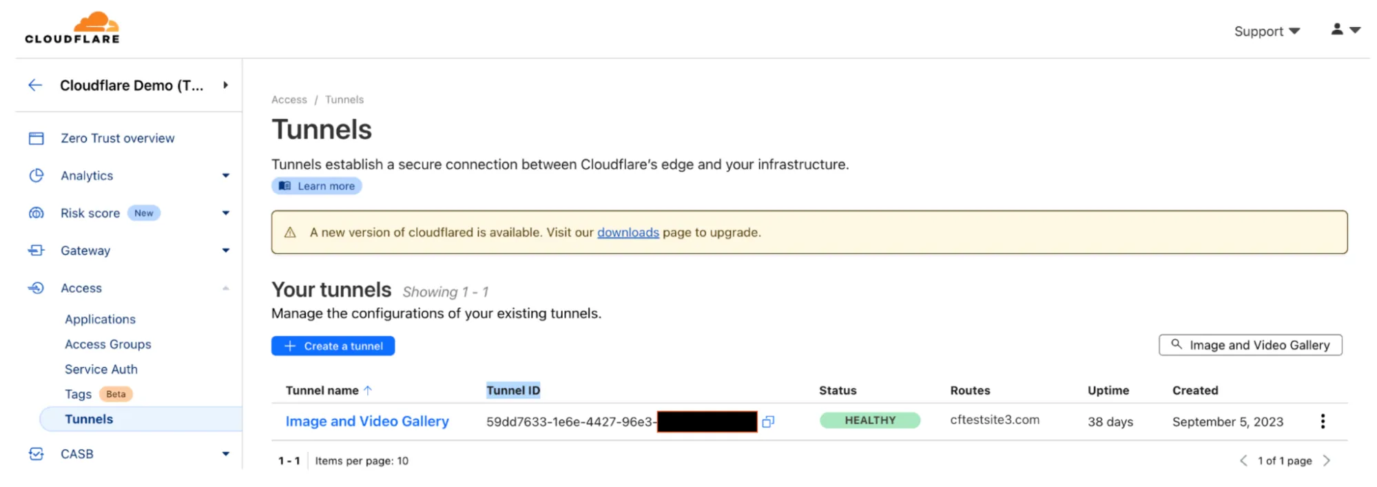 Figure 13: Cloudflare Tunnel is created and healthy. Cloudflare provides health status of deployed tunnels.